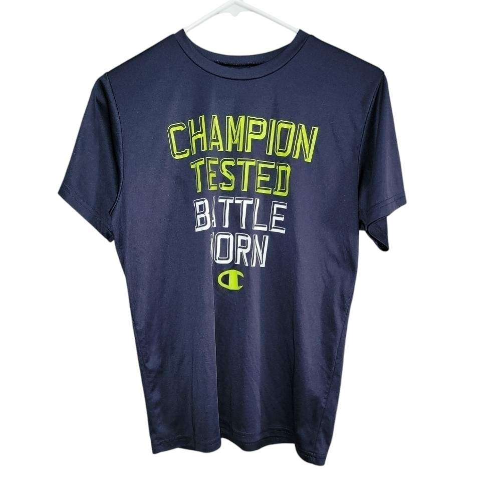 Champion size XL 100% polyester short sleeve tee shirt Blue, green, & White